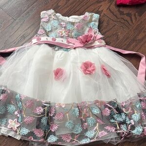 Embroidered Floral Tulle Dress with Pink Sash Flower